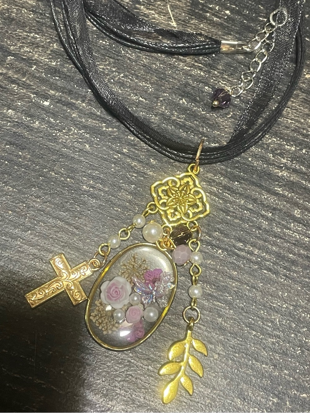 Hand Crafted Gold Floral Cross Pendant Necklace with Pink Rose Accents - Picture 4 of 4